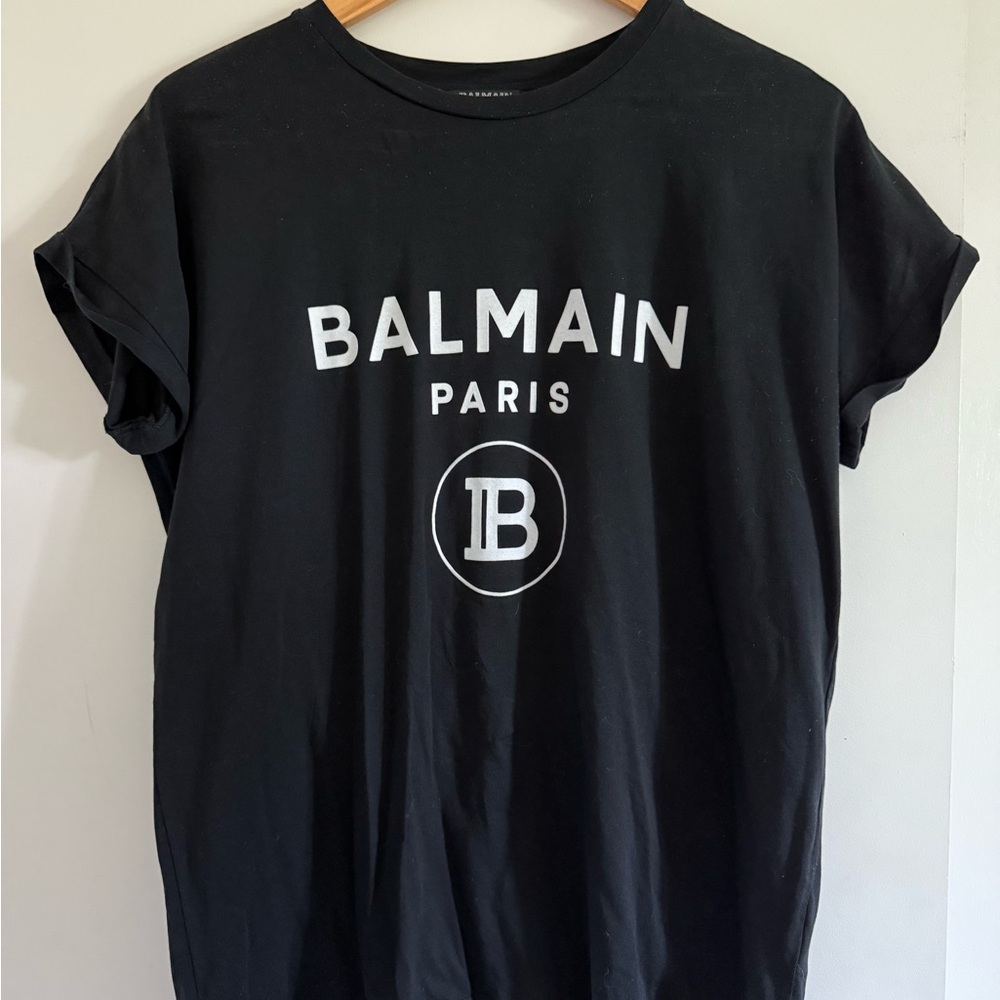 Balmain Flocked Black Tee with White Logo